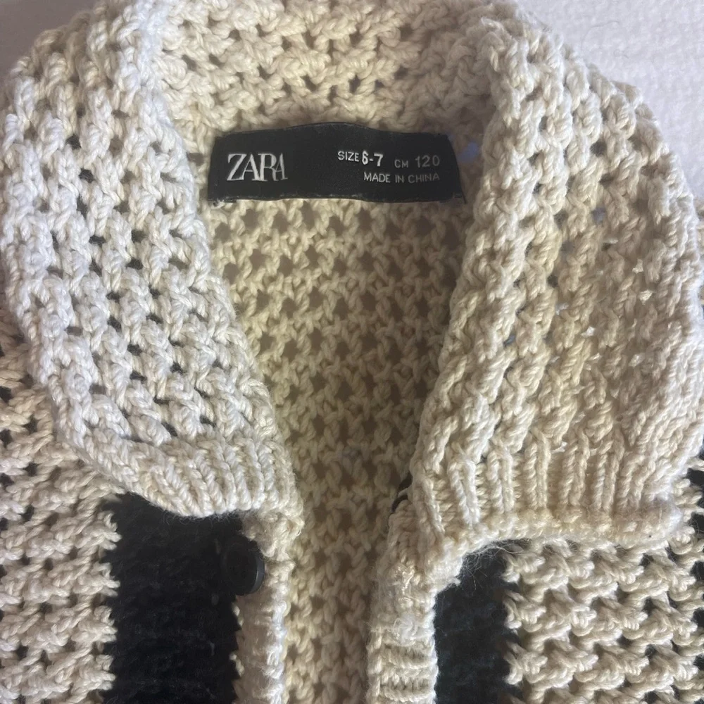 Zara Girls Size 6-7 Chunky Cotton Knit Cardigan Sweater Cream Ivory Black Stripe